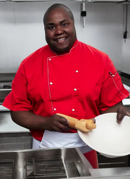 Prompt: portrait photo still of real life school chef jerome mcelroy fat with red shirt and apron and chef hat in school cafeteria holding a ladel, 8 k, 8 5 mm, f. 1 4