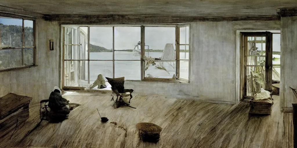 Image similar to Inside the house by the sea, in summer, a painting by Andrew Wyeth