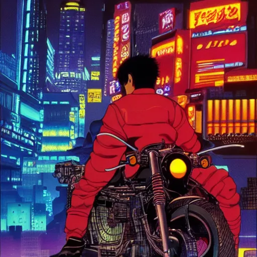 Image similar to kaneda on his motorcycle in neo tokyo looking for akira, night, neon lights, speed, art by katsuhiro otomo, ultra detailed, 8 k