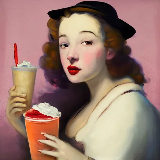 Prompt: rembrandt portrait painting of a sexy beauty 1 9 4 0's pinup drinking a milkshake as overwatch's characters, medium shot, asymmetrical, profile picture, organic painting, sunny day, matte painting, bold shapes, hard edges, street art, trending on artstation