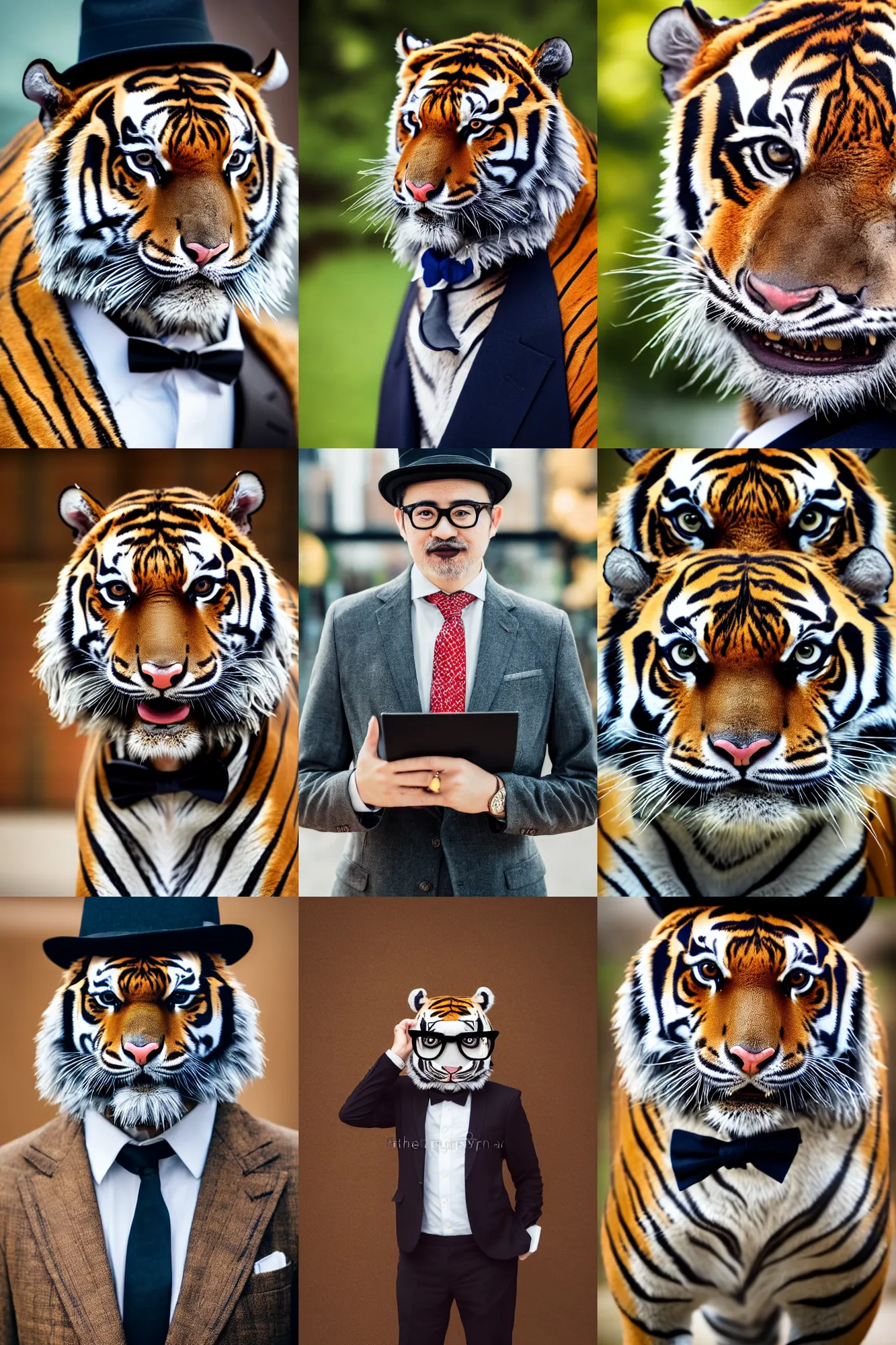 Prompt: high quality portrait photo of a !mature tiger! wearing a business suit and tie, wearing a bowler hat, !stylish spectacles!, !!Anthropomorphic!!, photography 4k, f1.8 bokeh, 4k, 85mm lens, sharp eyes, looking at camera