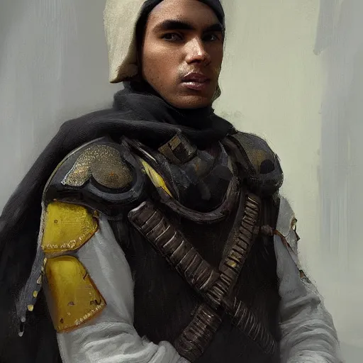 Image similar to Medium closeup young idealistic and pious homely male Imperial soldier wearing a black tabard with light yellow accents over a gambeson and a barbute!!!!! helm, by Raymond Swanland Greg Rutkowski Lise Deharm, {perfect face}, {perfect eyes}, {uncertain look}, {on edge}