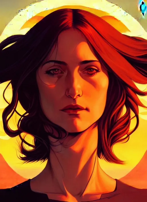 Image similar to artgerm Joshua Middleton comic art, cinematics lighting, sunset colors, pretty female Sarah Goldberg, big smirk, symmetrical face, symmetrical eyes,full body, in a field, sunset