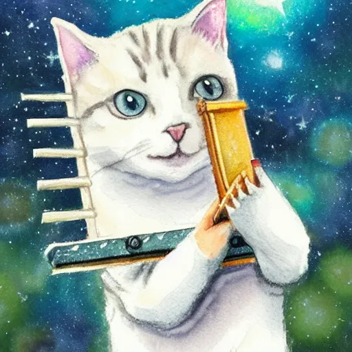 Image similar to pastel watercolor cute portrait of a cat playing the harmonica under the stars