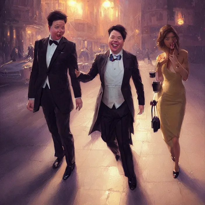 Image similar to michael mcintyre leaving a bar with with a singing waitress, elegant, real life skin, intricate artwork, high detailed, artstation, concept art, smooth, sharp focus, art by artgerm and greg rutkowski