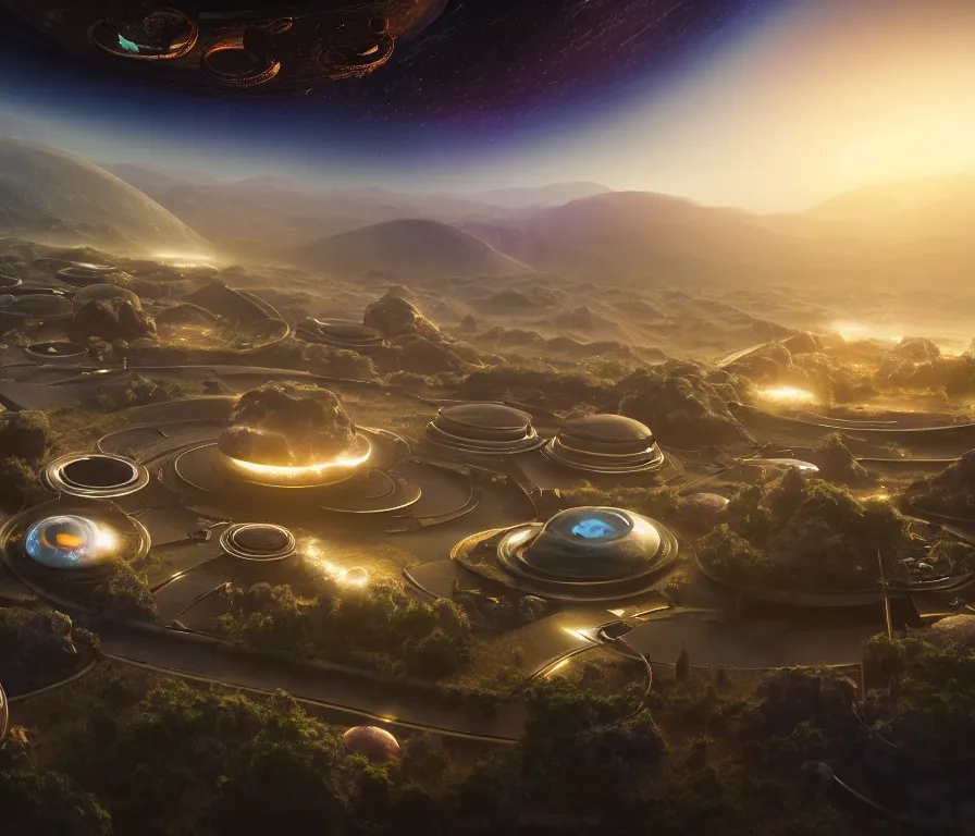 Image similar to Stanford torus colony, view of villages and hills. Space colony, inside view, octane rendering, humanity's cosmic future, cinematic, hyperdetailed, photorealistic, hyperrealism, octane rendering, 8k, depth of field, bokeh, masterpiece, fantastic art