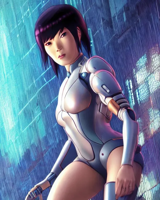 Image similar to weta disney pixar movie still portrait photo of motoko kusanagi ghost in the shell : : as cyborg woman by pixar : : by weta, wlop, ilya kuvshinov, rossdraws, artgerm, marvel, maxim cover, latex, octane render, sweaty, iridescent, bright morning, anime, liosh, mucha : :