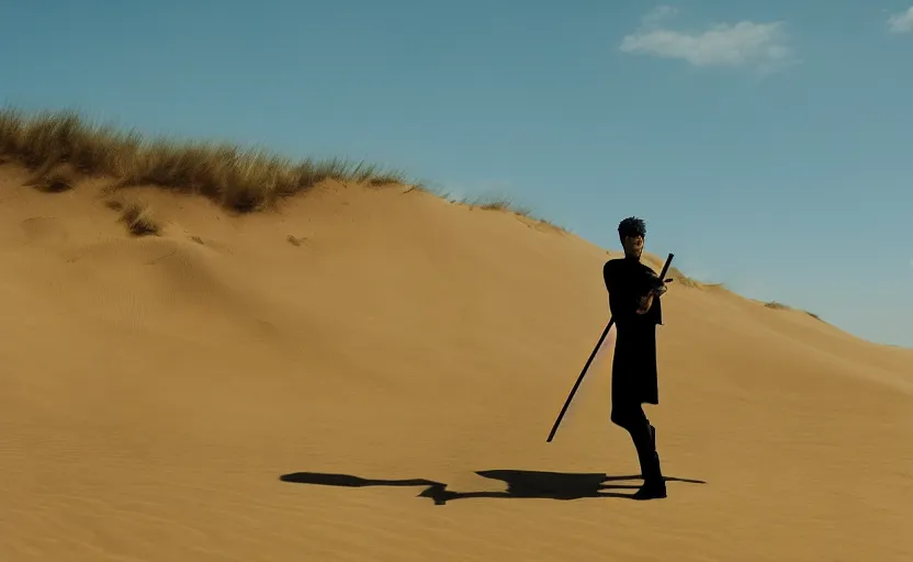 Prompt: roronoa zoro in sand dunes, photography