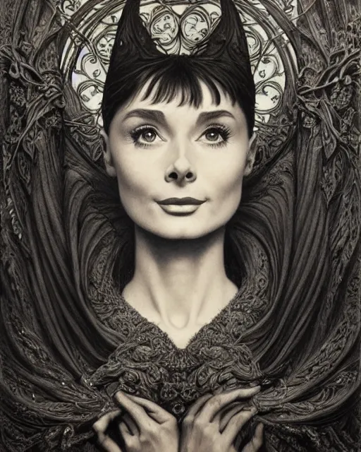 Image similar to matte painting portrait shot, beautiful audrey hepburn, gothic detailed and intricate by jean delville, gustave dore and marco mazzoni, art nouveau, symbolist, visionary, gothic, pre - raphaelite