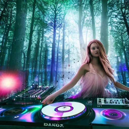 Prompt: double exposure of a beautiful fairy dj playing turntables in a rave party at a magical forest, digital art, detailed octane render cinematic photo - realistic 8 k high detailed