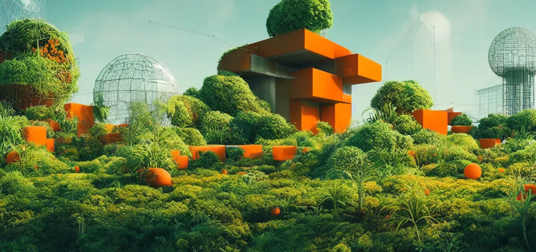 Image similar to futuristic garden with wireframe observatory and orange cube buildings with plants growing on top sci - fi, digital art by beeple