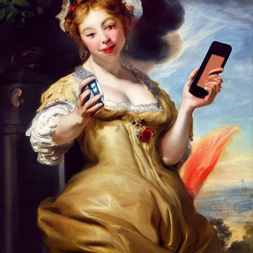 Image similar to heavenly summer sharp land sphere scallop well dressed lady taking a selfie with her iphone auslese, by peter paul rubens and eugene delacroix and karol bak, hyperrealism, digital illustration, fauvist, iphone