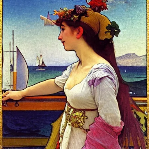 Prompt: A girl with jester hat and clothes on a greek archi circle on the front of a Balustrade with a beach and a sail boat on the background, major arcana cards, by alphonse mucha and arnold böcklin arnold böcklin arnold böcklin, paul delaroche, hyperrealistic 8k, very detailed