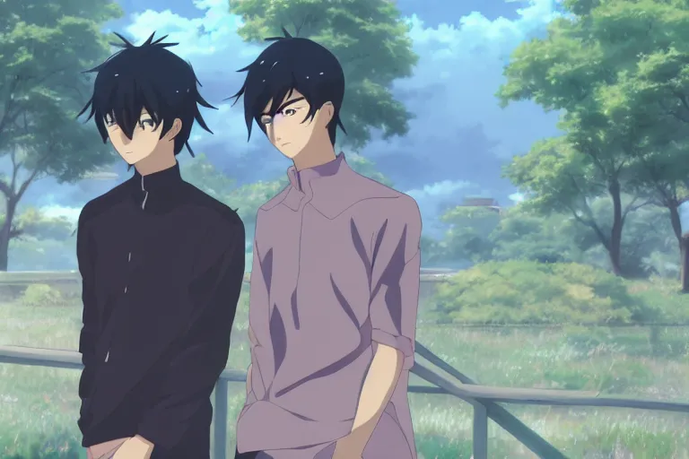 Image similar to Two handsome anime guys, one with black hair and the other with loess hair, Makoto Shinkai, rainy day