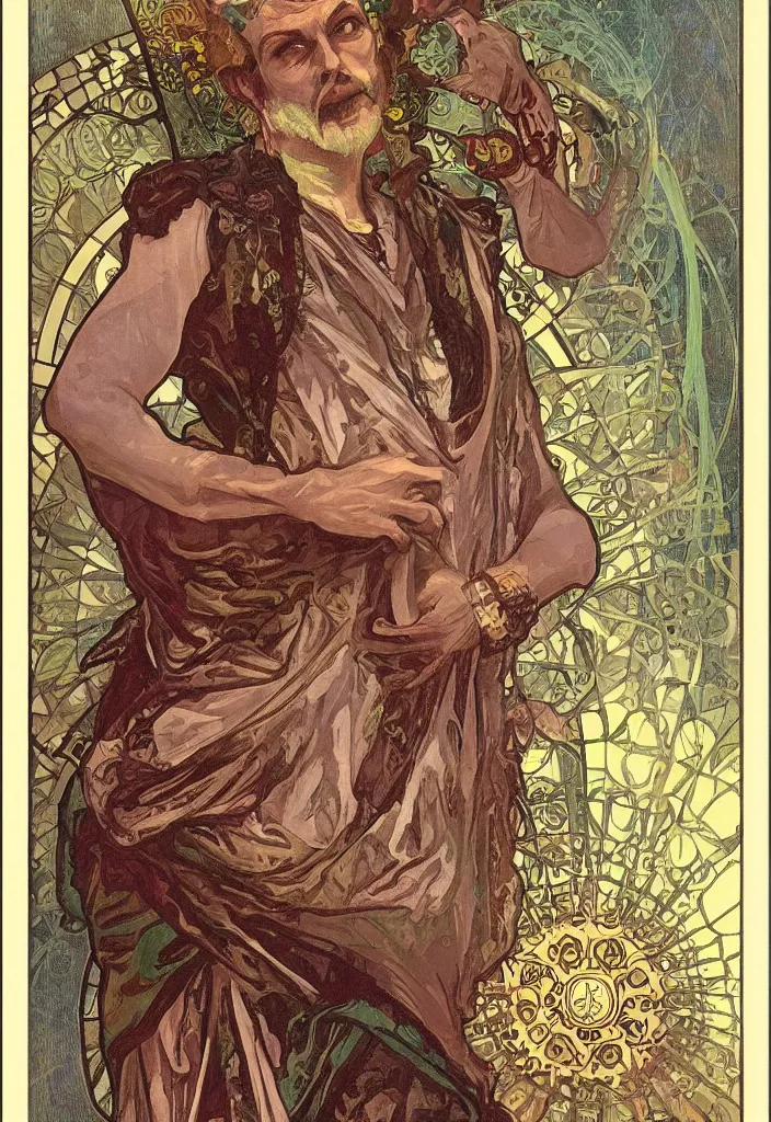 Prompt: Jurgen Schmidhuber as the Devil on a tarot card, tarot in art style by Alphonse Mucha