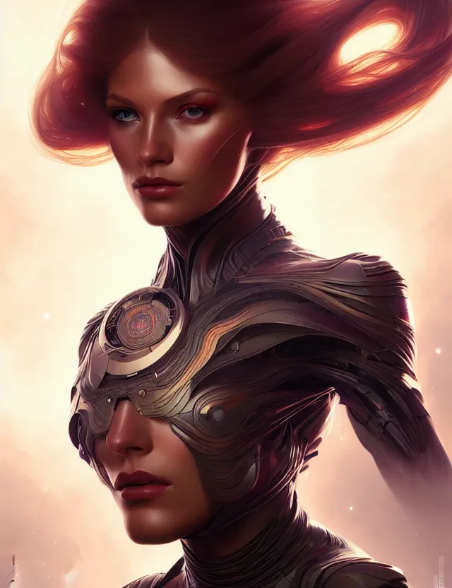 Image similar to futuristic woman portrait, sci-fi, amber eyes, face, long hair, fantasy, intricate, elegant, highly detailed, digital painting, artstation, concept art, smooth, sharp focus, illustration, art by artgerm and greg rutkowski and alphonse mucha