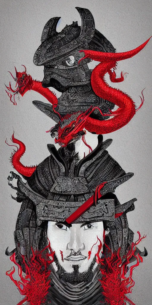 Image similar to “a portrait of samurai with red dragon’s head, detailed hd digital painting”