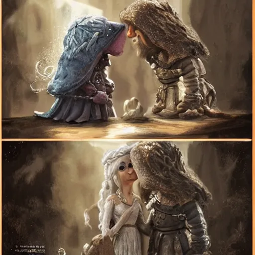 Prompt: beautiful digital painting of Clangers british characters as jon snow and daenerys in game of thrones