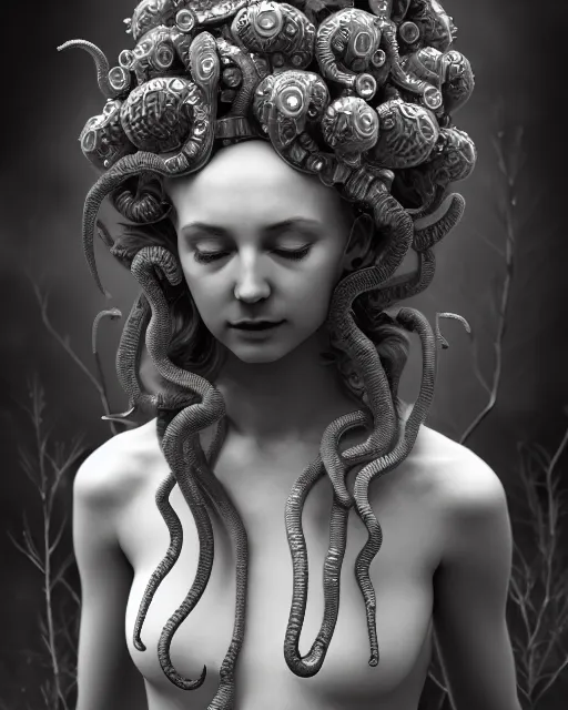 Prompt: surreal mythical dreamy underwater artistic black and white 3 d render of a translucent beautiful young female angelic - medusa - vegetal - doll, highly detailed, intricate crystal ivy jelly ornate, poetic, translucent algae ornate, digital art, octane render, 8 k artistic photography, photo - realistic, hg giger flora borsi