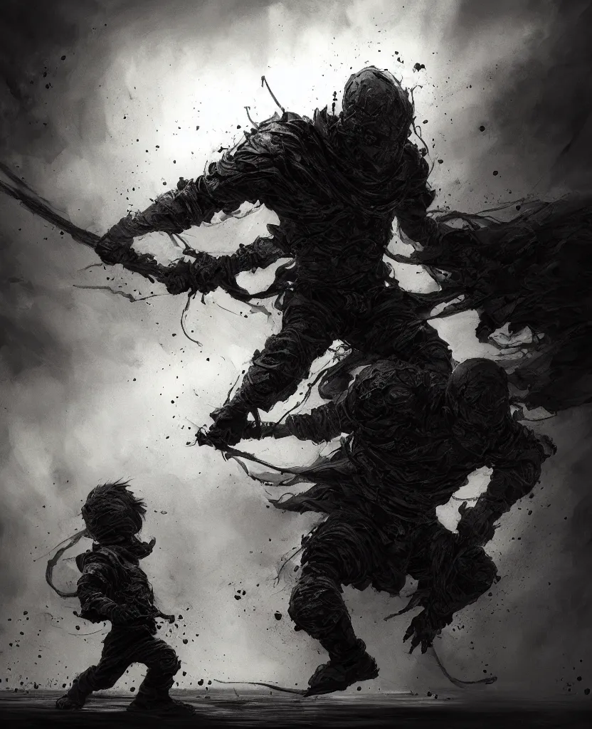 Prompt: a painting small boy fighting a giant, dark colors, sinister atmosphere, dramatic lighting, cinematic, establishing shot, extremely high detail, photo realistic, cinematic lighting, pen and ink, intricate line drawings, by Yoshitaka Amano, Ruan Jia, Kentaro Miura, Artgerm, post processed, concept art, artstation, matte painting, style by eddie mendoza, raphael lacoste, alex ross,
