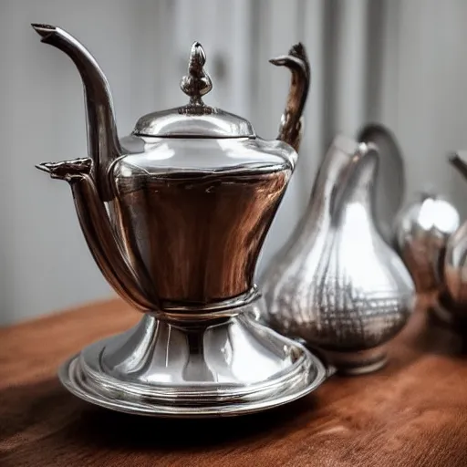 Image similar to a silver teapot on a wooden table. intricate.