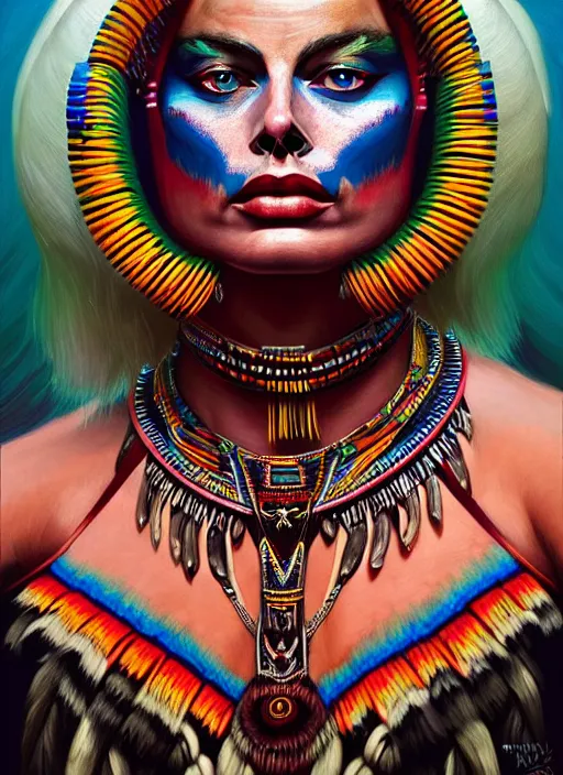 Prompt: portrait of margot robbie, hyper detailed ultra sharp aztec shaman warrior. trending on artstation, warpaint aesthetic, bloodwave, colorful, psychedelic, ornate, intricate, digital painting, concept art, smooth, sharp focus, illustration, art by artgerm and greg rutkowski and h. r. giger, 8 k