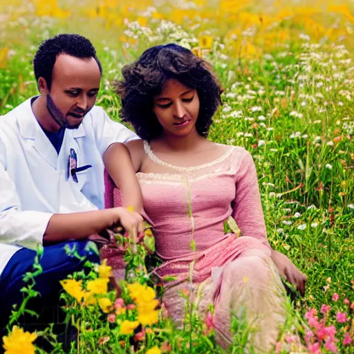 Prompt: ethiopian male doctor and voluptuous beautiful ethiopian woman, field of flowers, vintage, nostalgic, dreamy, pastel, studio ghibli