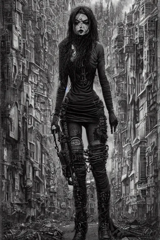 Prompt: an angry goth girl looking annoyed, rolling her eyes and standing in the street of an intricate detailed postapocalyptic city james gurney, dan luvisi, Petros Afshar, tim hildebrandt, liam wong, Mark Riddick, thomas kinkade, ernst haeckel, dan mumford, trending on artstation, josephine wall, WLOP, cgsociety by Gediminas Pranckevicius, trending on cgsociety and DeviantArt