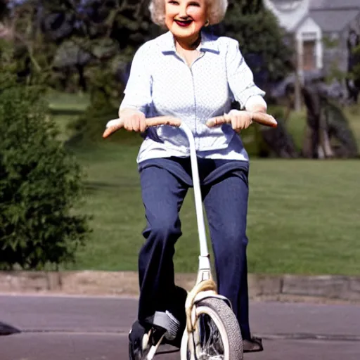 Image similar to betty white riding a unicycle