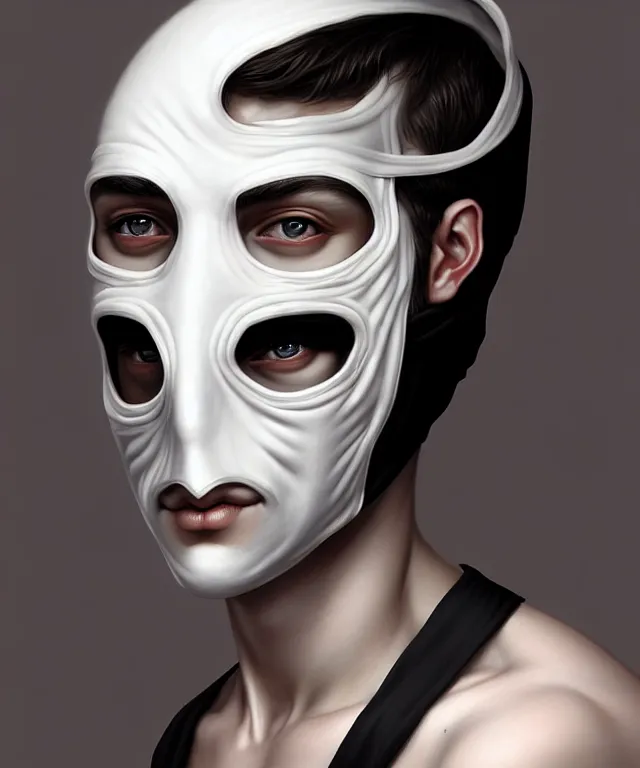 Image similar to white young man with black fabric mask, highly detailed face!!!, true anatomy!, extremely detailed!, digital painting, unreal engine 5, art by tom bagshaw