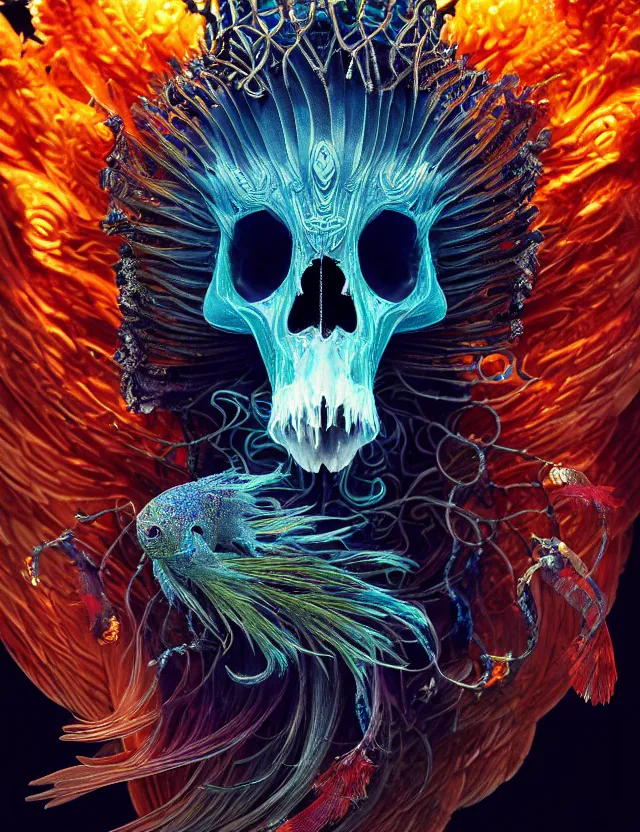 Image similar to witch phoenix macro close - up portrait with crown made of ram skull. phoenix, betta fish, jellyfish, plasma, ice, water, wind, creature, super intricate ornaments artwork by tooth wu and wlop and beeple and greg rutkowski