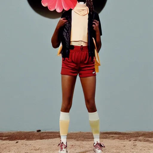 Image similar to realistic photoshooting for a new nike lookbook, color film photography, portrait of a beautiful woman, by photo in style of tyler mitchell, wes anderson, julia hetta, tim walker, petra collins, 3 5 mm,