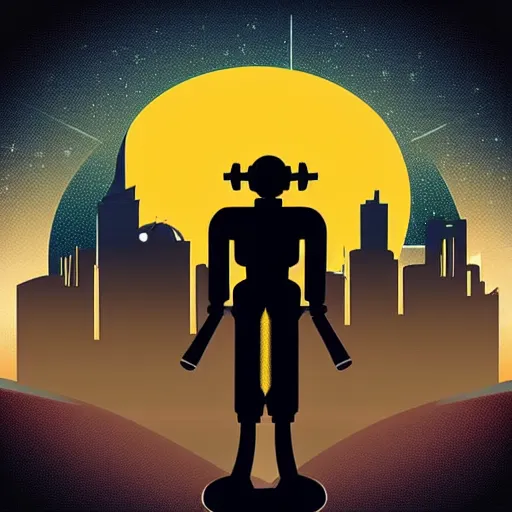 Image similar to “1950s art deco style robot silhouette facing a futuristic city, planets and stars in the background, retro poster.”