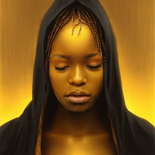 Image similar to a portrait of a young black woman wearing a long dark cloak, hood and shadows covering face, holding golden chains, oil painting, matte painting, black background, Volumetric Golden dappled dynamic lighting, Highly Detailed, Cinematic Lighting, Unreal Engine, 8k, HD, by Beksinski