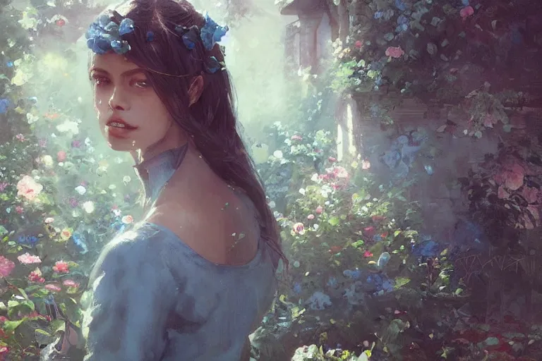 Image similar to a beautiful painting of blue roses garden, girl, by greg rutkowski, trending on artstation