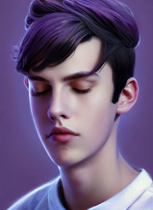 Prompt: portrait of teenage jughead jones wearing a light grey crown, photorealistic, crown, purple shirt, eyes closed, crown, black hair, intricate, elegant, glowing lights, highly detailed, digital painting, artstation, concept art, smooth, sharp focus, illustration, art by wlop, mars ravelo and greg rutkowski