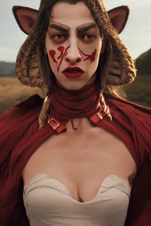 Image similar to film still of jar jar binks as a female cowgirl, long eyeslashes, big juicy lips, big seductive eyes, dramatic cinematic lighting, dolce & gabbana campaign, shot by mario testino, realistic vfx simulation, 4 k