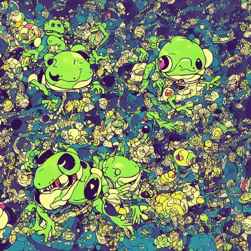 Image similar to toads, frogs, ryuta ueda artwork, breakcore, style of jet set radio, y 2 k, gloom, space, cel - shaded art style, indigo rainbow, data, minimal, takashi murakami artwork, code, cybernetic, dark, eerie, cyber