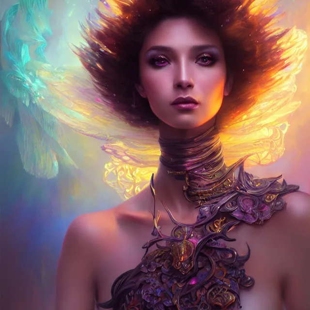 Prompt: detailed portrait of beautiful fantasy princess made of iridescent smoke, dark fantasy, sharp focus, vibrant, vivid, magical shiny skin, symmetry, highly detailed, 4 k digital painting, detailed skin, crystal, magical, raytracing, plasma, artistic, concept art by artgerm, greg rutkowski, alphonse mucha, unreal engine render,