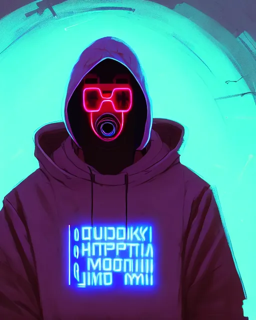 Image similar to cyberpunk synth, hyper - realistic portrait of a man in a hoodie with detailed neon mask, cyberpunk, by atey ghailan, by greg rutkowski, by greg tocchini, by james gilleard, by joe fenton, by kaethe butcher, dynamic lighting, gradient light blue, brown, cinematic lighting color scheme, sharp focus, grunge aesthetic