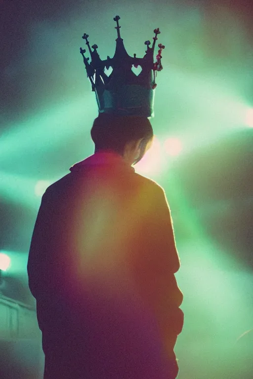 Image similar to agfa vista 4 0 0 photograph of a guy wearing an elaborate tall gothic crown, back view, synth vibe, vaporwave colors, lens flare, moody lighting, moody vibe, telephoto, 9 0 s vibe, blurry background, grain, tranquil, calm, faded!,