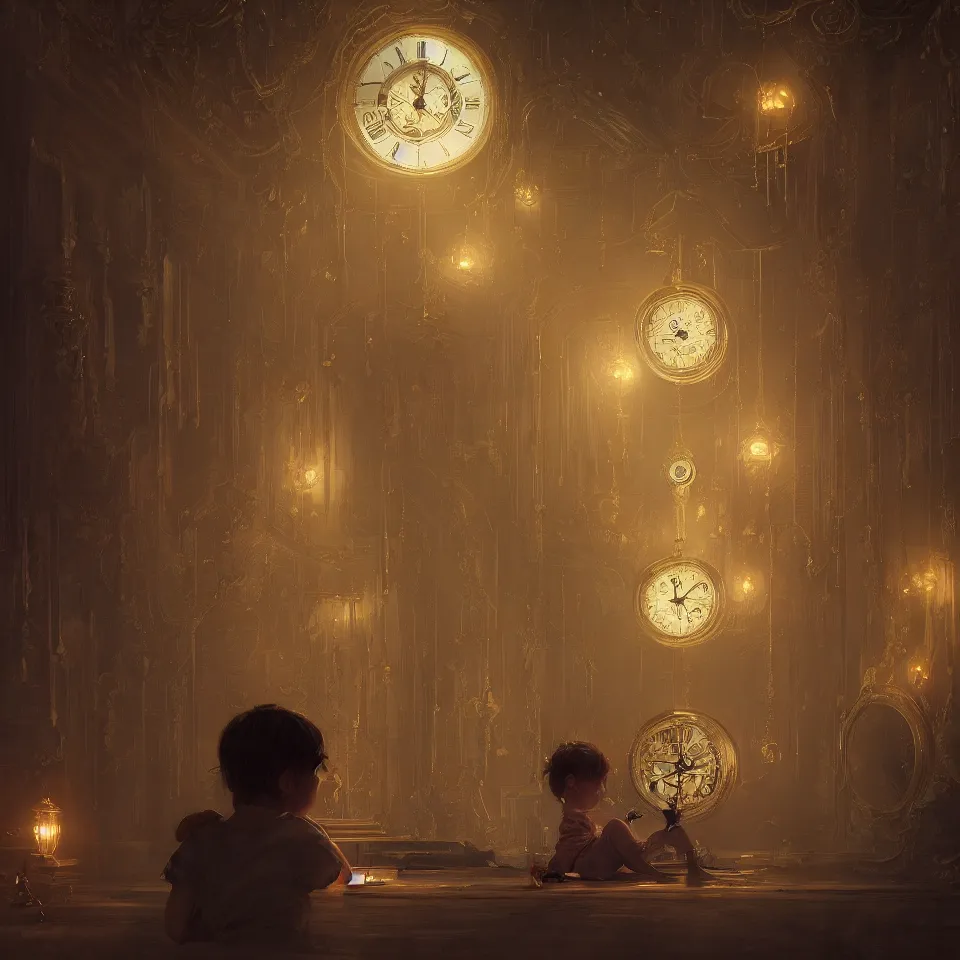 Image similar to a child surrounded by mirror and evil clock, intricate, elegant, glowing lights, highly detailed, digital painting, artstation, concept art, smooth, sharp focus, illustration, greg rutkowski, 8 k, very high resolution, processing, extremely hyperdetailed