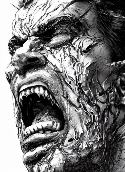 Prompt: close up portrait of an insane man, screaming, middle aged, scars, powerful, domineering, stoic, masterful, intense, ultrafine hyperdetailed illustration by kim jung gi, irakli nadar, intricate linework, sharp focus, octopath traveler, yoji shinkawa, highly rendered, detailed, concept art