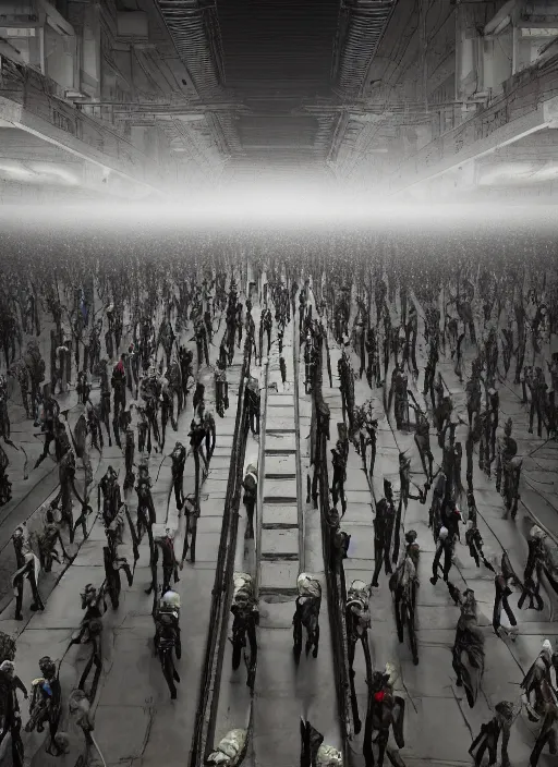 Image similar to a long queue of people standing in a huge underground dystopian factory, low camera angle, hyperdetailed, artstation, cgsociety, 8 k