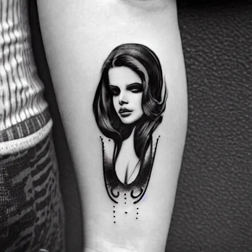 Image similar to Lana del rey tattoo design, photorealistic, dramatic