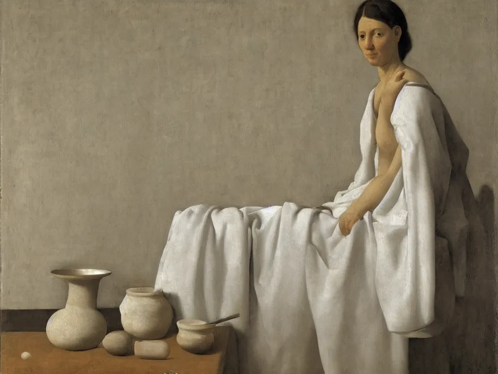 Image similar to Portrait of a woman in the bathtub with amphora, white cloth and crane. Still life. White Opal, marble teracotta. Painting by Zurbaran, Hammershoi, Morandi