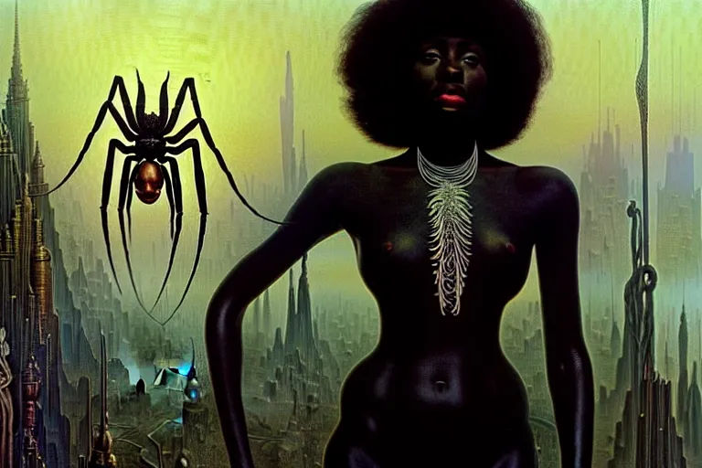 Image similar to realistic detailed photorealistic portrait movie shot of a beautiful black woman with a giant spider, dystopian city landscape background by jean delville, denis villeneuve, amano, yves tanguy, alphonse mucha, ernst haeckel, david lynch, edward robert hughes, roger dean, cyber necklace, rich moody colours, cyber patterns, wide angle