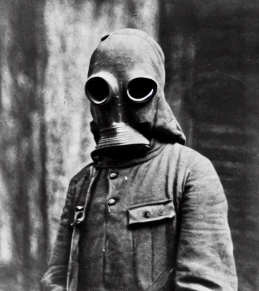 Prompt: a man wearing detailed hooded gas mask at distance, ww1 film photo, grainy, high detail, high resolution