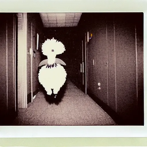 Image similar to A creepy polaroid photo of Big Bird chasing you down a hallway