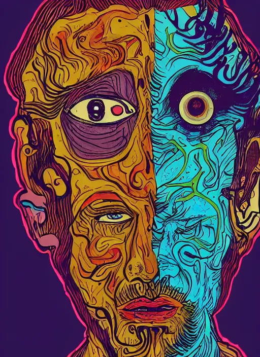 Image similar to a man with a psychedelic face with many deformed and chaotic monsters on his face